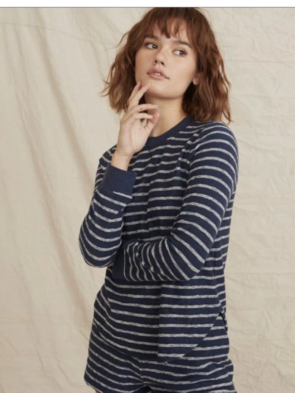 Marine Layer Britton Saddle Crewneck Top in Navy Terry | Size Small